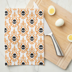 Fun Cute Orange Black Halloween Skull Kitchen Towel