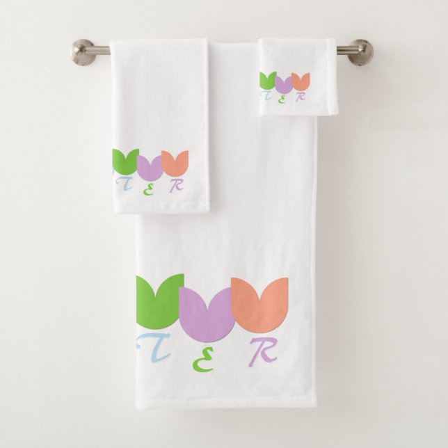 Fun, Cute Pastel Colourful Easter Spring Tulips Ar Bath Towel Set (Insitu)