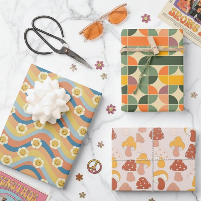 Fun Cute Retro Designs Flower Mushroom Wrapping Paper Sheet (Creator Uploaded)