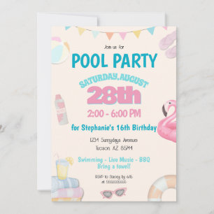 Fun Cute Summer Pool Birthday Party Invitation