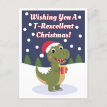 Fun Cute T-rex Christmas Greeting Post Card