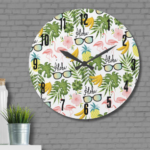 Fun Cute Tropical Pineapple Pink Flamingo Pattern Large Clock