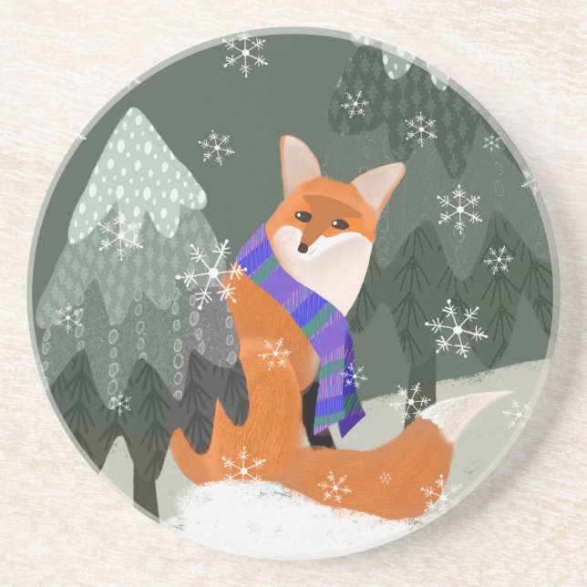 Fun Cute Winter Fox Coaster (Front)