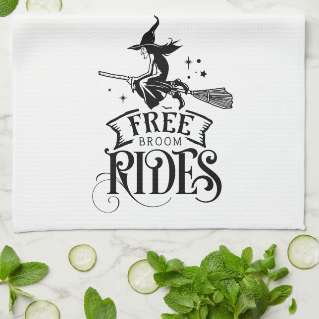 Fun Cute Witch Free Broom Rides Halloween Kitchen Towel (Folded)