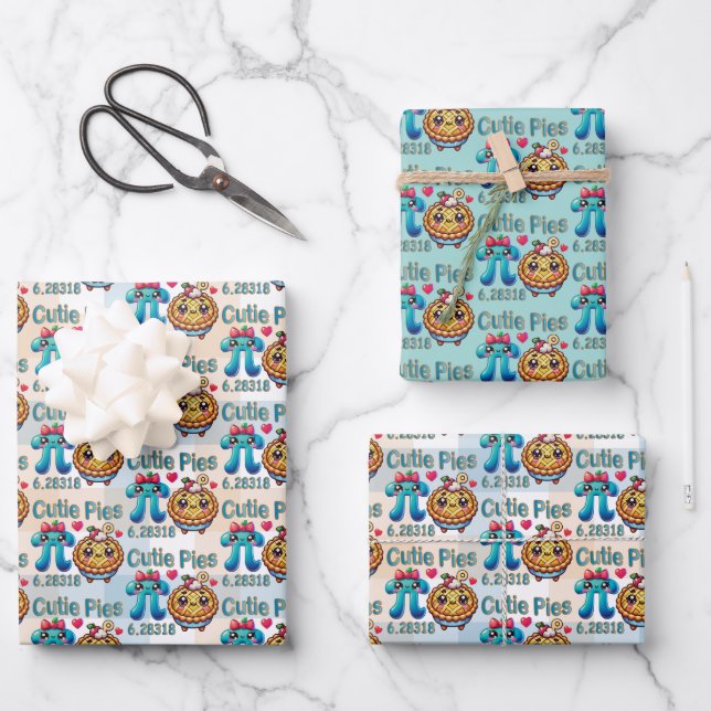 Fun “Cutie Pies” Cute Pi Symbol & Pie Pun Wrapping Paper Sheet (Front)