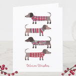 Fun Dachshund Dog Holiday Card<br><div class="desc">Adorable little Dachshund,  Wiener or Sausage Dogs in cosy winter knitwear.  Change the greeting on the front and inside and also the names to personalize.  Original art by Nic Squirrell.</div>