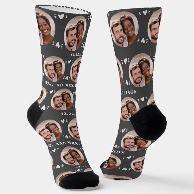 Fun Dark Grey Newlyweds Photo Pattern Socks (Angled)