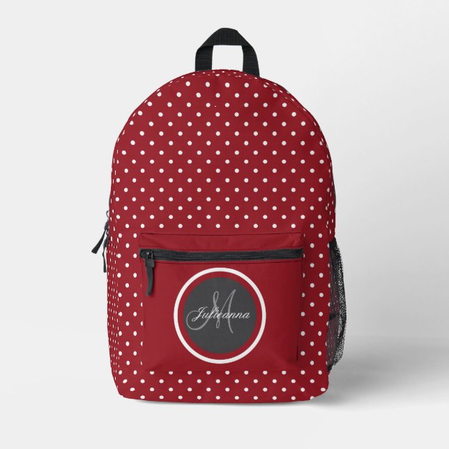 Fun Dark Red with White Polka Dots - Personalized  Printed Backpack (Front)