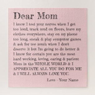 Fun Dear Mom Typography Pink Grey Personalized  Jigsaw Puzzle