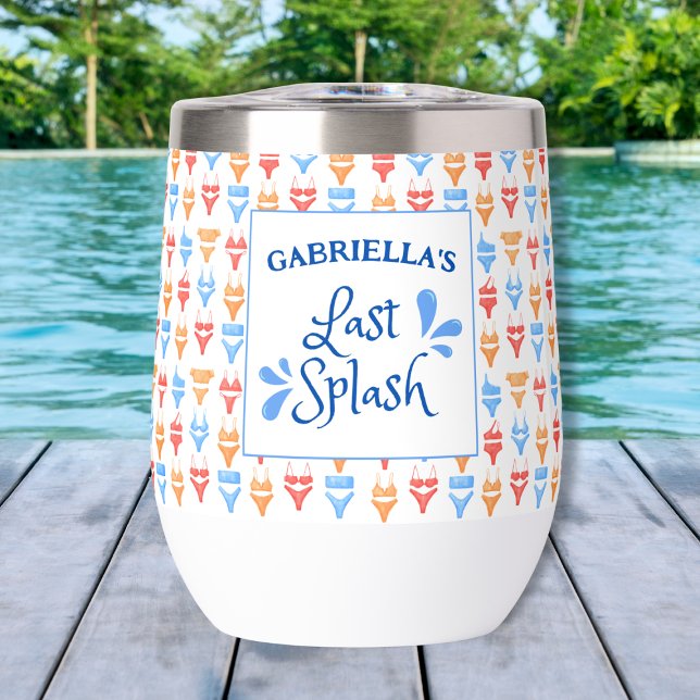 Fun "Dernier Splash" Thème Bachelorette personnali (Personalized Bachelorette Wine Tumbler - Last Splash Beach Party Favor with Fun Bikini Design)