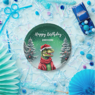 Fun Dino Christmas tree birthday boys snow party Paper Plate