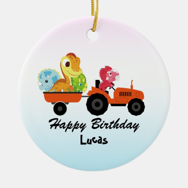 Fun DINO dinosaur tractor Farm School Birthday boy Ceramic Ornament (Front)