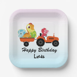 Fun DINO dinosaur tractor Farm School Birthday boy Paper Plate