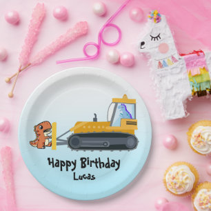 Fun DINO dinosaur tractor Farm School Birthday boy Paper Plate