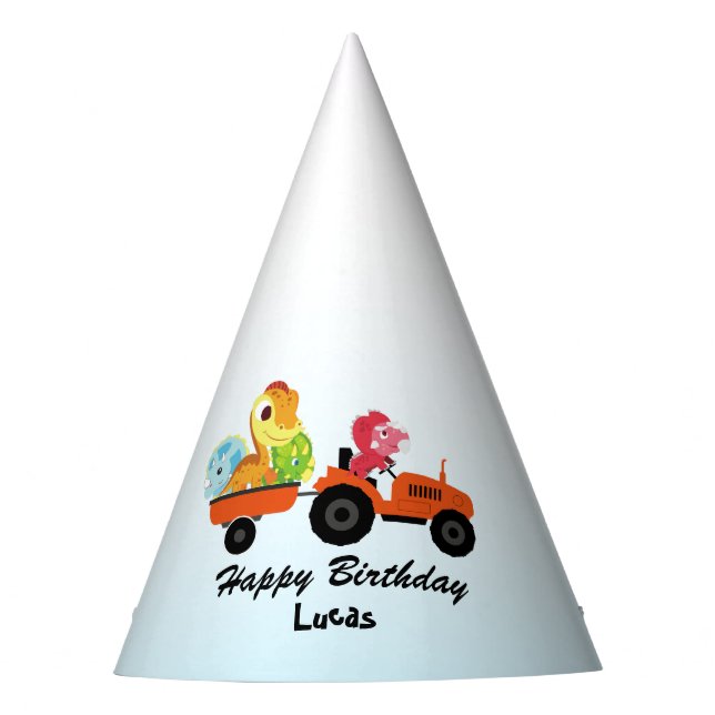 Fun DINO dinosaur tractor Farm School Birthday boy Party Hat (Front)