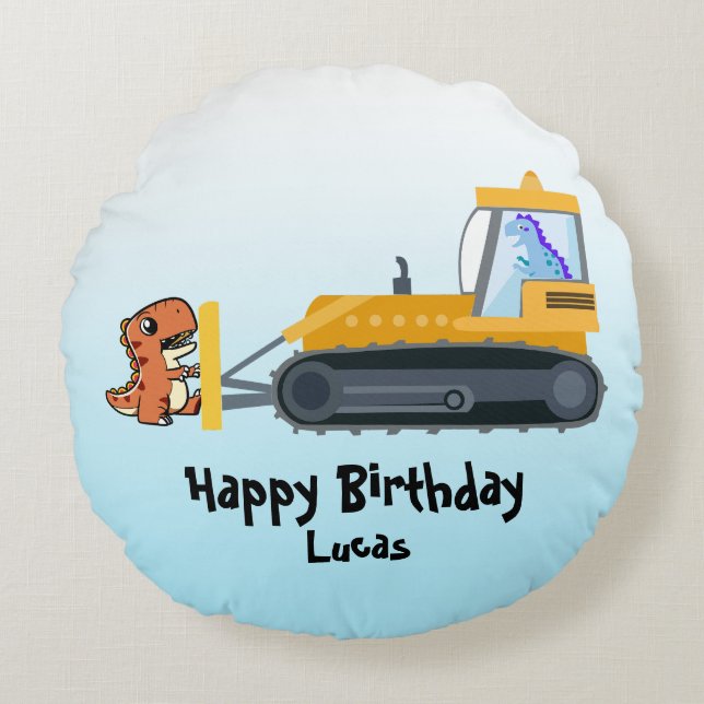 Fun DINO dinosaur tractor Farm School Birthday boy Round Pillow (Front)