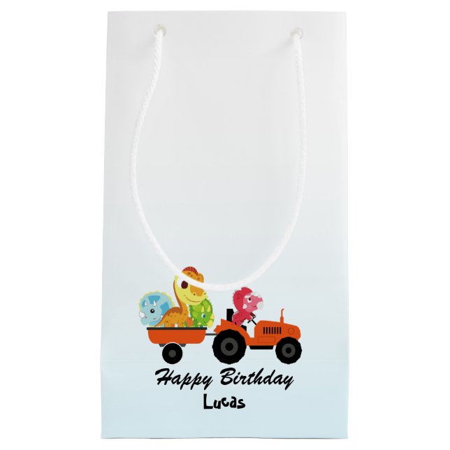 Fun DINO dinosaur tractor Farm School Birthday boy Small Gift Bag (Front)