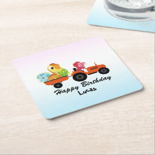 Fun DINO dinosaur tractor Farm School Birthday boy Square Paper Coaster