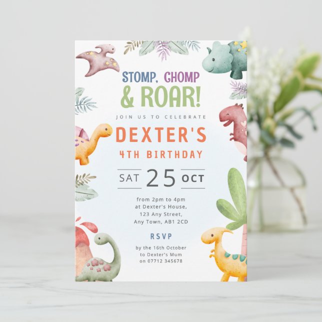 Fun Dino Party Birthday Invitation Dinosaur Theme (Standing Front)