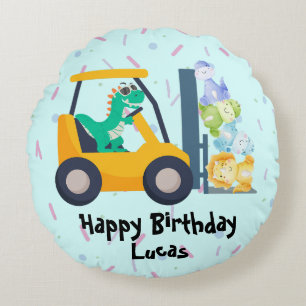 Fun dino tractor Truck Birthday School boy kids Round Pillow