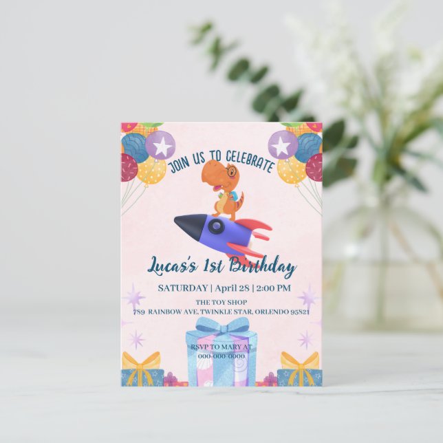 Fun dinosaur colourful rocket School Birthday part Invitation Postcard (Standing Front)