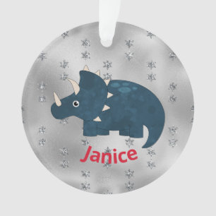 Fun Dinosaur in Blue on Silver Ornament