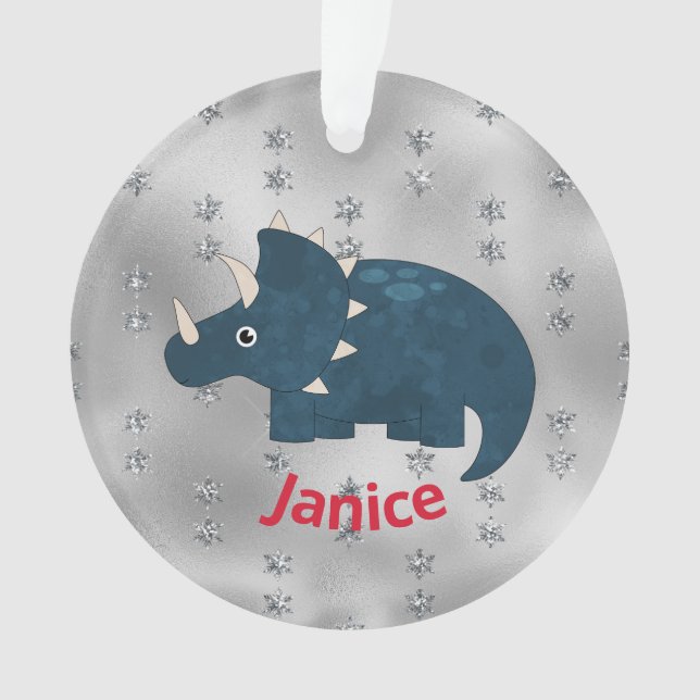 Fun Dinosaur in Blue on Silver Ornament (Front)