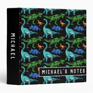Fun Dinosaur Pattern Kids Black Name School Binder