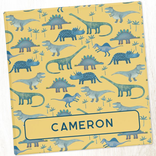 Fun Dinosaur Pattern Yellow Personalized Binder (Fun Dinosaur personalized name three ring binder with Tyrannosaurus, Diplodocus, Triceratops)