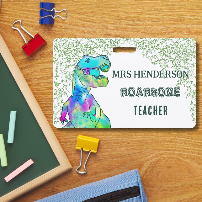 Fun Dinosaur Roarsome School Teacher Name Badge (Fun T-Rex dinosaur roarsome school teacher personalized badge lanyard modern green typography )