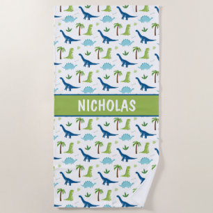 Fun Dinosaurs Blues and Greens  Beach Towel