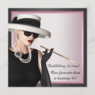 Fun Diva Womans Pink and Black 40th Birthday Invitation