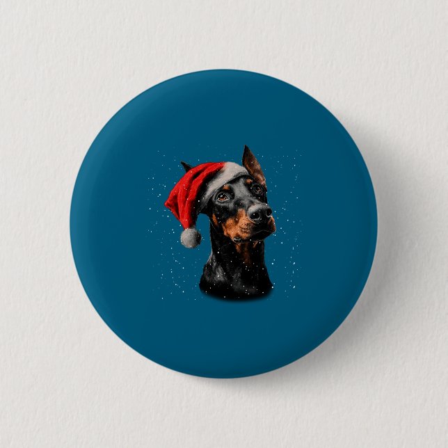 Fun Doberman Dog Christmas Lights Santa Hat Long S 2 Inch Round Button (Front)