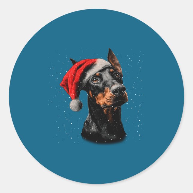 Fun Doberman Dog Christmas Lights Santa Hat Long S Classic Round Sticker (Front)