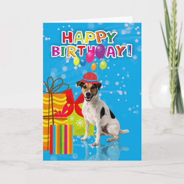 fun dog birthday card, dog is wearing a party hat card (Front)