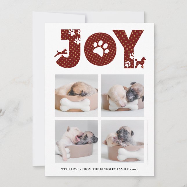 Fun Dog Paw Script JOY Modern Holiday Card (Front)