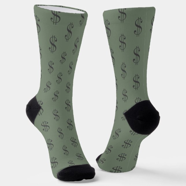 Fun Dollar Signs Pattern on Khaki Green Socks (Angled)
