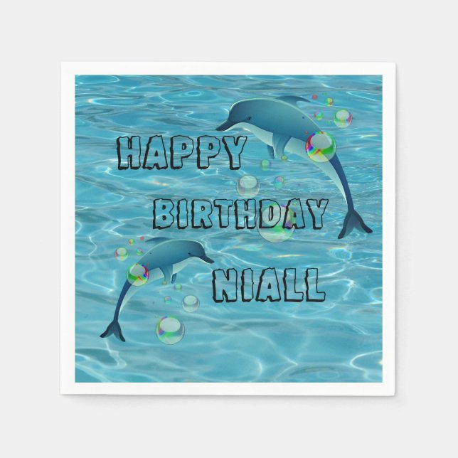 Fun Dolphin and Bubbles Personalized Birthday Napkin (Front)