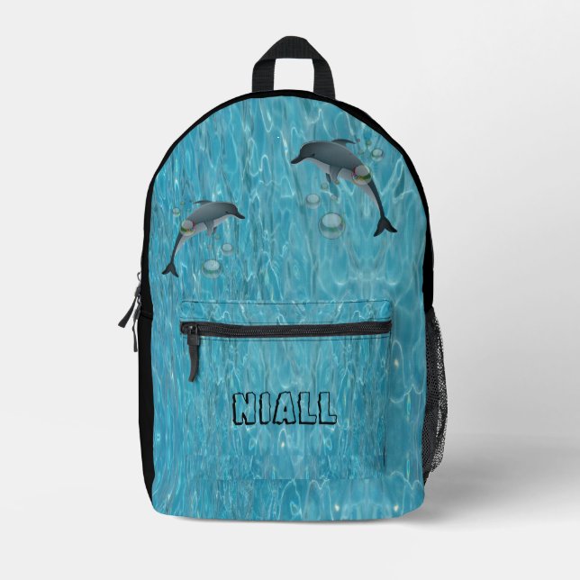 Fun Dolphins and Bubbles Ocean Personalized  Printed Backpack (Front)