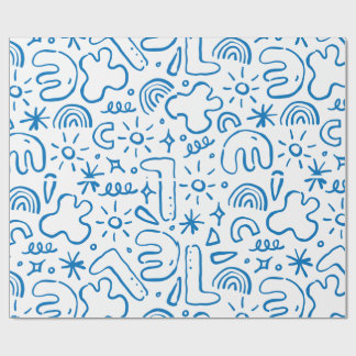 fun doodle drawings, navy, pastel blue & pink wrapping paper