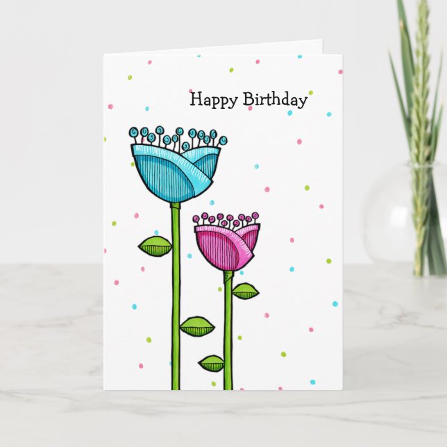 Fun Doodle Flowers blue pink dots Birthday Card (Front)
