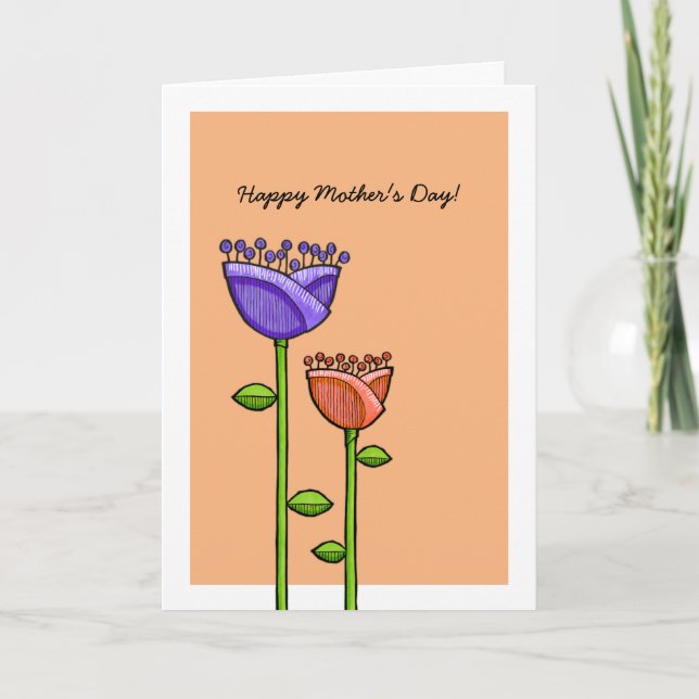 Fun Doodle Flowers orange purple Mother's Day Card (Front)