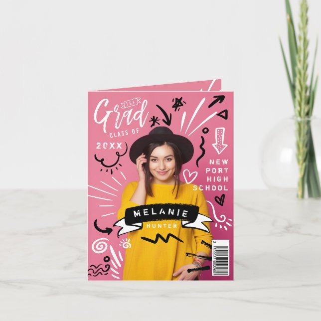 Fun Doodle Sketch Magazine Cover Girl Grad Invitation (Front)