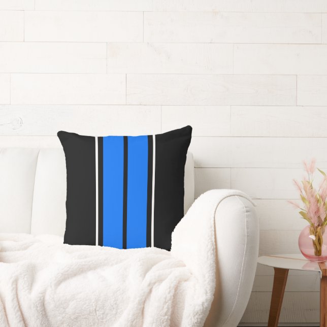 Fun Double Vivid Blue Black White Racing Stripes Throw Pillow (Couch)