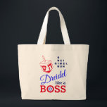 Fun Dreidel Like A Boss Hanukkah Large Tote Bag<br><div class="desc">Fun, stylish DREIDEL LIKE A BOSS Hanukkah Large Tote Bag designed with red dreidel and blue, navy and red typography. In the top right hand corner, you can read the names of the four dreidel sides in a word puzzle format (HEI can be changed to HEY or HAY, if required)....</div>