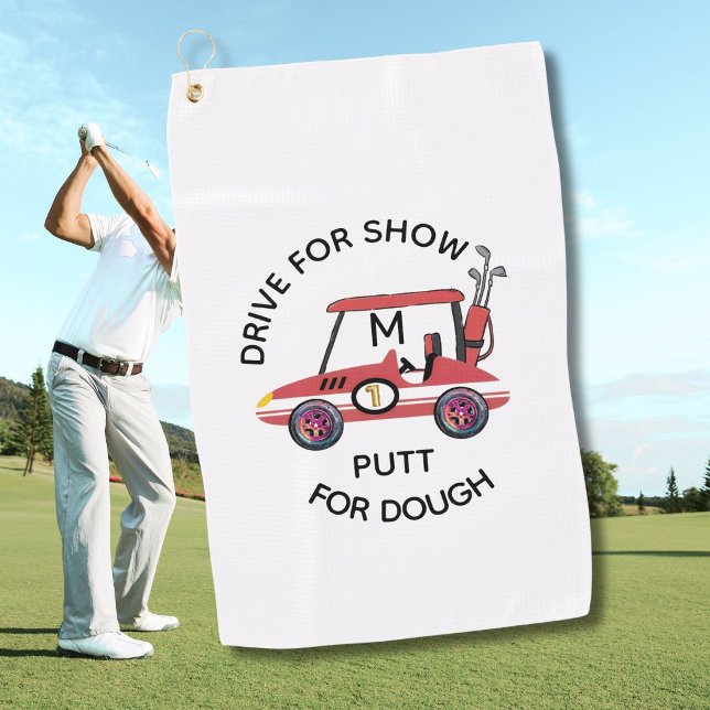 Fun Drive For Show Red Cart Monogram  Golf Towel (Creator Uploaded)
