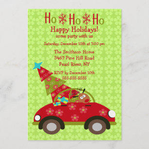 Fun Driving Reindeer with Tree Holiday Party Invitation