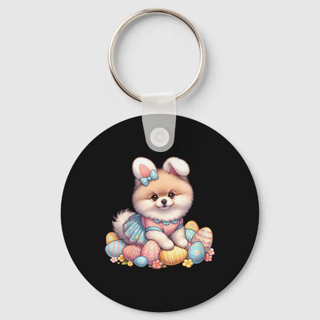 Fun Easter Day Pomeranian Bunny Costume  Keychain (Front)