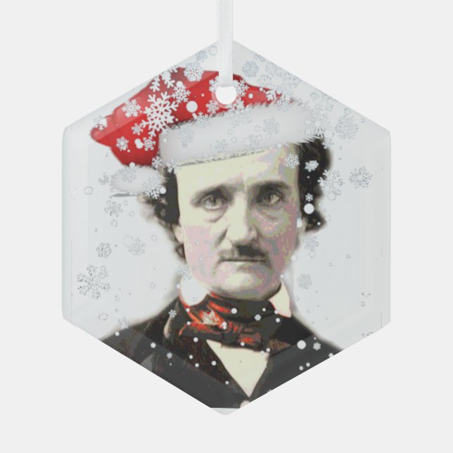 Fun Edgar Allan Poe Santa Hat Humour Glass Ornament (Front)