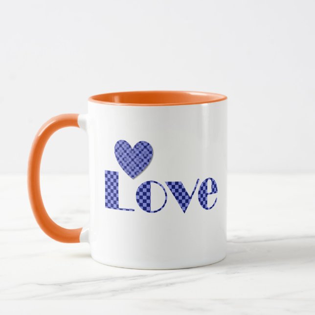 Fun, Elegant Blue Chequered Heart, "LOVE" Pattern Mug (Left)